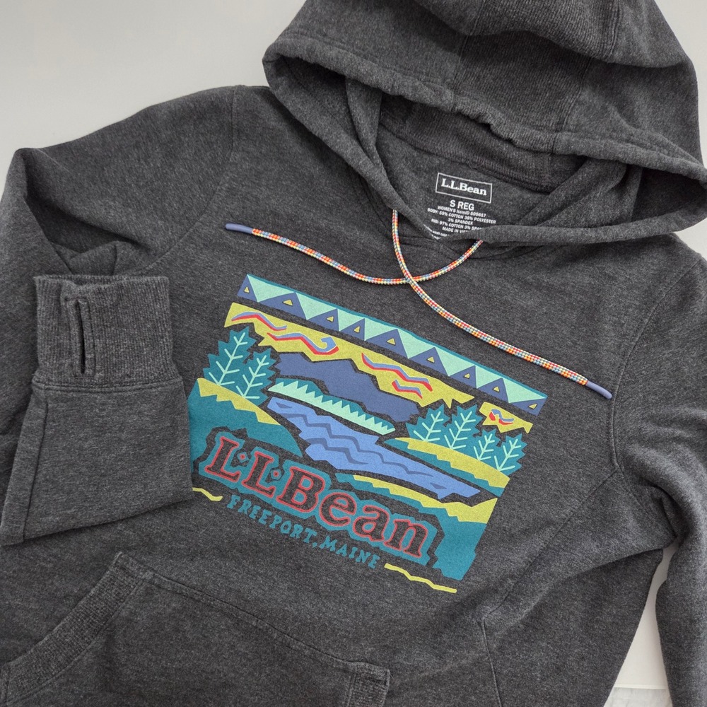 LL Bean Womens Graphic Hoodie Charcoal Gray Freeport Maine Landscape Size S‎